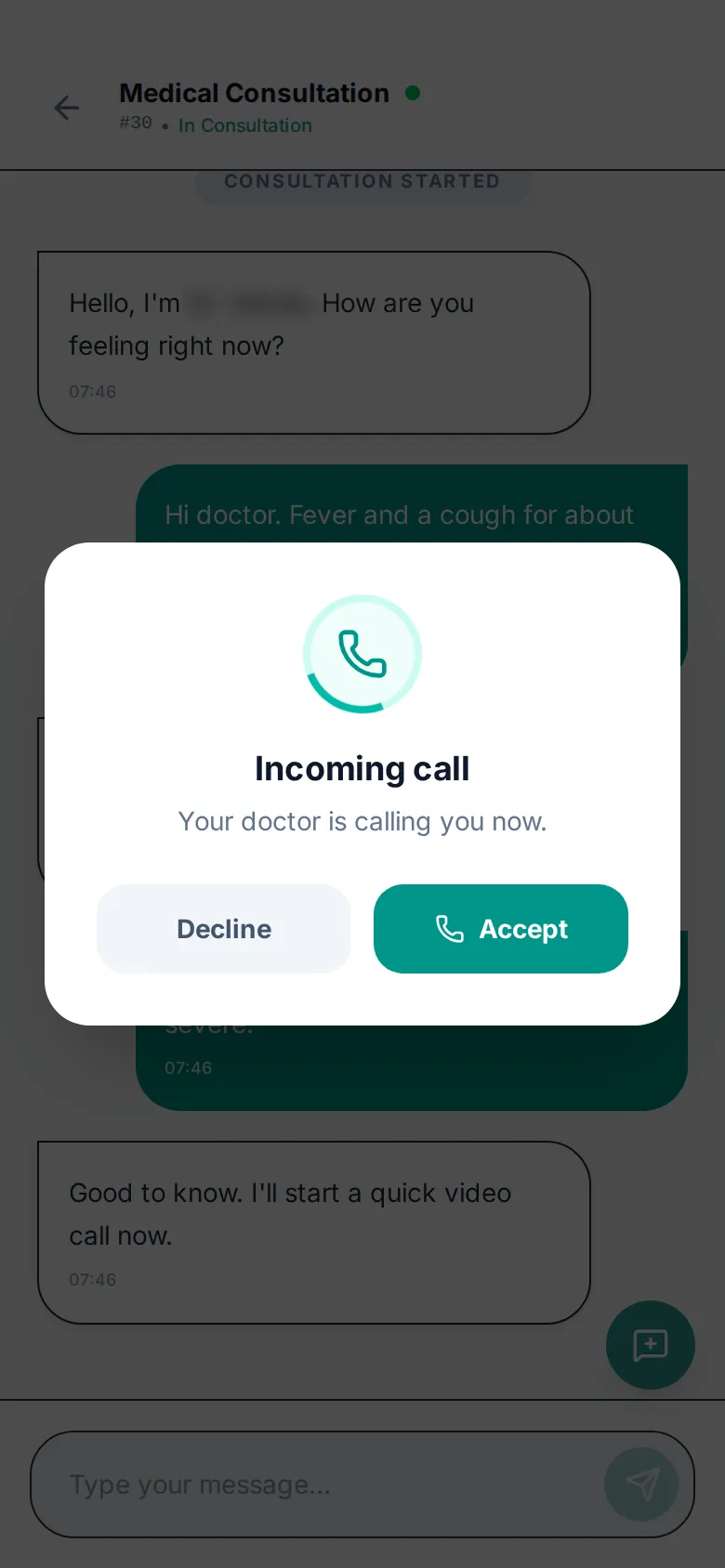 An incoming call prompt in TheER: “Your doctor is calling you now”, with Decline and Accept buttons.